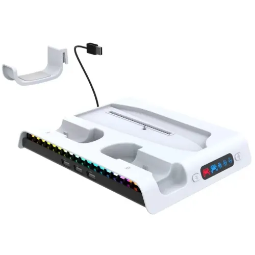 Зарядная док станция VOLFOX P5-303 для Sony PS5 Slim c охлаждением, подсветкой, белая