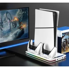 Зарядная док станция NN для Sony PS5 Slim c охлаждением, подсветкой, белая