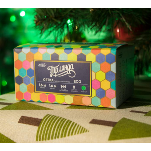 Гирлянда LUAZON LIGHTING "Сеть" 1,6х1,6м, прозр. нить, 144 LED, свечение зелёное, 8 режимов, 220 В (