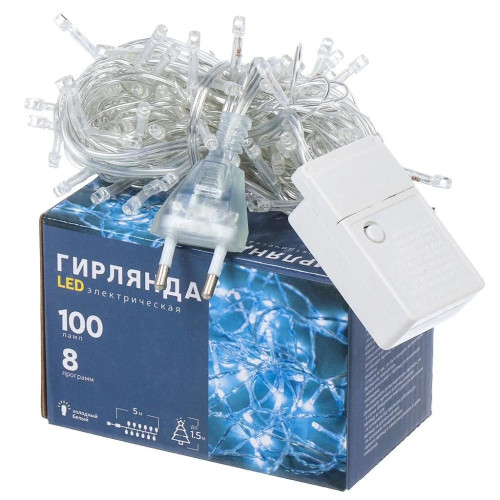 Гирлянда Нить 5м прозрачная нить 100LED свечение холодное белое, 8 режимов (454836)