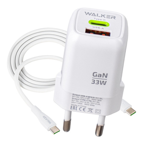 СЗУ WALKER 3А WH-71 GaN 33Вт, USB/Type-C, поддержка QC/PD + кабель Type-C-Type