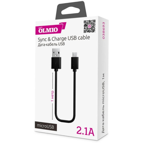 Кабель USB 2.0 A вилка - microUSB 2м OLMIO 2.1A черный