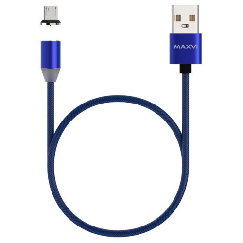 Кабель USB 2.0 A вилка - microUSB 1 м Maxvi магнитный нейлоновый синий