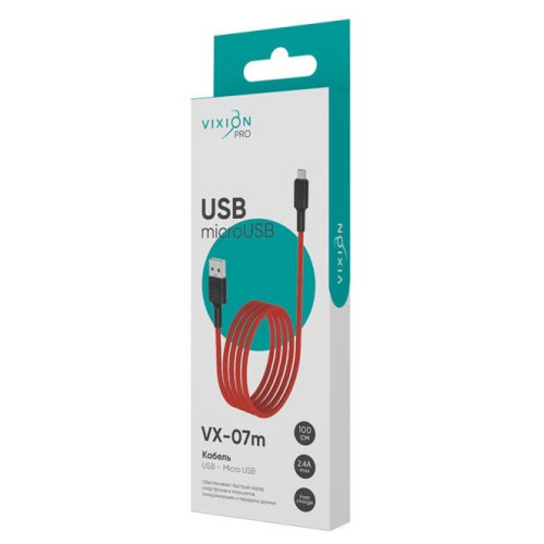 Кабель USB 2.0 A вилка - microUSB 1 м Vixion 2.4A VX-07m PRO красный
