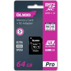 Карта micro-SD 64 GB Olmio Pro UHS-I U3 V30 с адаптером