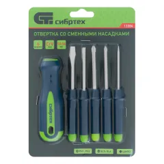 Отвертка СИБРТЕХ со сменными насадками, Ph1, Ph2, SL5, SL6, шило (13384)