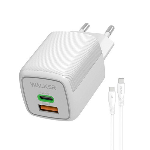 СЗУ WALKER 3А WH-73 GaN 45Вт, USB/Type-C, поддержка QC/PD + кабель Type-C белое