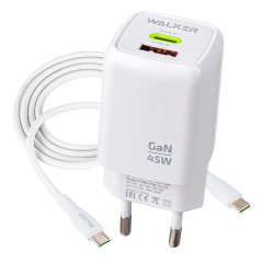 СЗУ WALKER 3А WH-73 GaN 45Вт, USB/Type-C, поддержка QC/PD + кабель Type-C белое