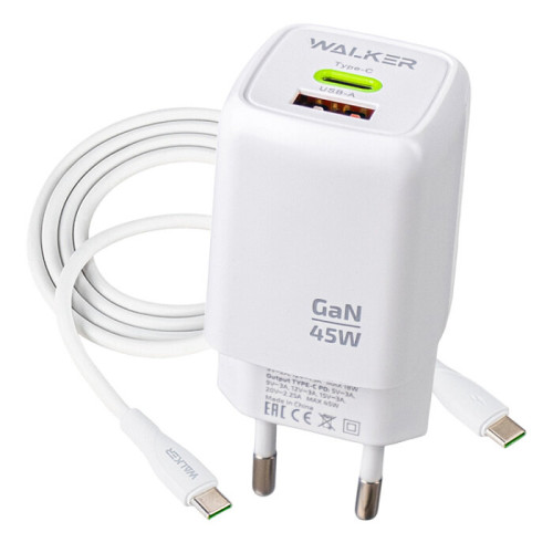 СЗУ WALKER 3А WH-73 GaN 45Вт, USB/Type-C, поддержка QC/PD + кабель Type-C белое