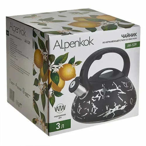 Чайник со свистком ALPENKOK AK-539, черный/серебро, 3 л.