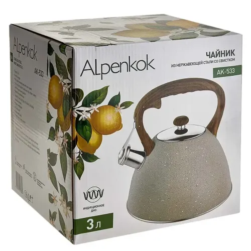 Чайник со свистком ALPENKOK AK-533, беж. гранит/дер.руч, 3 л.