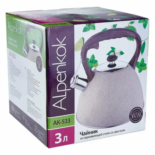 Чайник со свистком ALPENKOK AK-533, беж. гранит/дер.руч, 3 л.