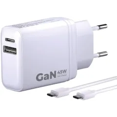СЗУ Borasco 3.0A 45W GAN USB QC3.0 + USB-C PD  + кабель Type-C to Type-С белое