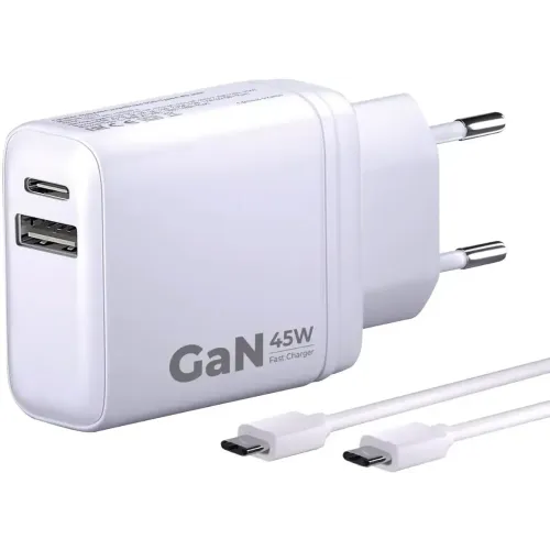 СЗУ Borasco 3.0A 45W GAN USB QC3.0 + USB-C PD  + кабель Type-C to Type-С белое