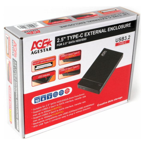 Внешний корпус AgeStar 31UB2P3C SATA USB3.2 пластик черный