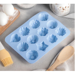 Форма для выпечки силикон Доляна «Немецкий кекс, роза», 16×21 см, 12 ячеек, голубой (630814)