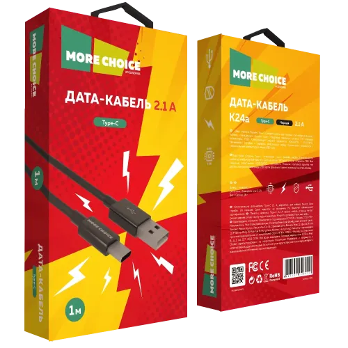Кабель USB 2.0 A вилка - Type C 1 м More choice K24a (Black)
