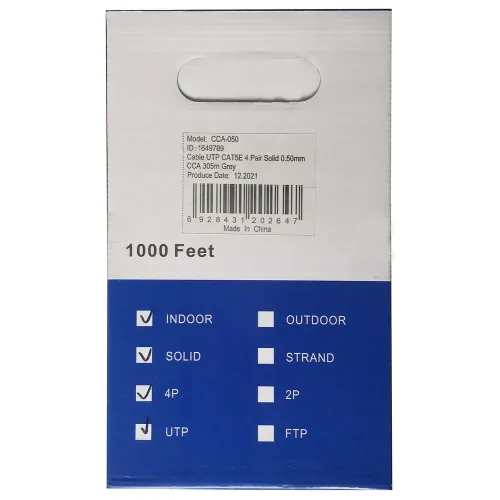 Кабель витая пара UTP 4 Pairs Ningbo cat5E solid 0.5мм CCA molded 305м серый бухта