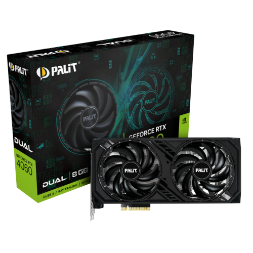 Видеокарта Palit PCI-E 4.0 RTX4060 DUAL OC NV RTX4060 8192Mb 128 GDDR6 1830/17000/HDMIx1/DPx3/HDCP R NE64060T19P1-1070D