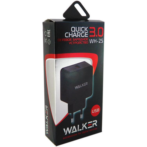 СЗУ WALKER 3А WH-25, 3А, 18Вт, USB, поддержка QC, + кабель Lightning черное (*7)