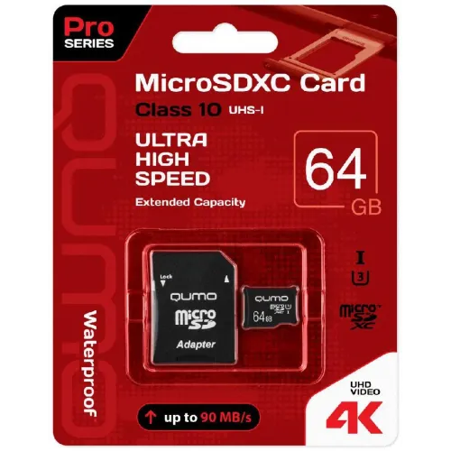 Карта micro-SD 64 GB QUMO QM64GMICSDXC10U3 Class 10 UHS-I U3 Pro + адаптер