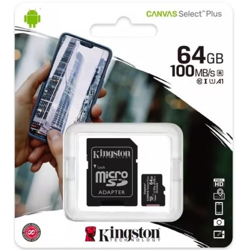 Карта micro-SD 64 GB Kingston SDCS2/64Gb Canvas Select Plus Class10+ adapter