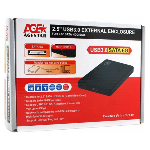 Внешний корпус AgeStar 3UB2P2 SATA III USB3.0 пластик черный 2.5