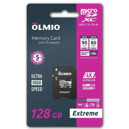 Карта micro-SD 128 GB Olmio Еxtreme UHS-I U3 V30 A1 с адаптером