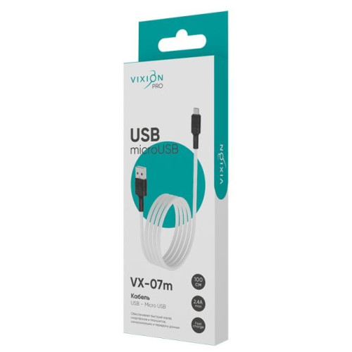 Кабель USB 2.0 A вилка - microUSB 1 м Vixion 2.4A VX-07m PRO белый