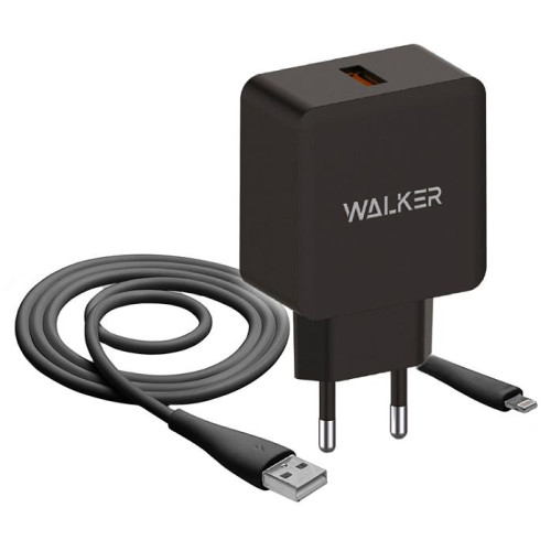 СЗУ WALKER 3А WH-25, 3А, 18Вт, USB, поддержка QC, + кабель Lightning черное (*7)