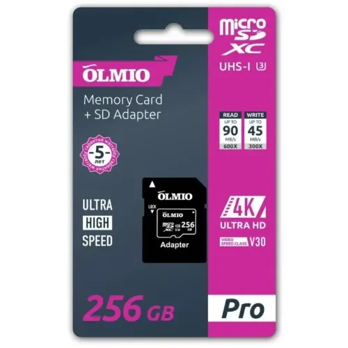 Карта micro-SD 256 GB Olmio Pro UHS-I U3 V30 + адаптер