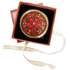 Зеркальце косметическое складное, Цветок , круглое., металл/стекло, красный/золотой
