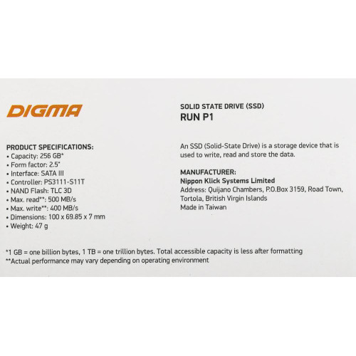 SSD 2,5" SATA 256Gb Digma DGSR2256GP13T Run