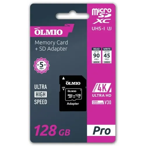 Карта micro-SD 128 GB Olmio Pro UHS-I U3 V30 с адаптером