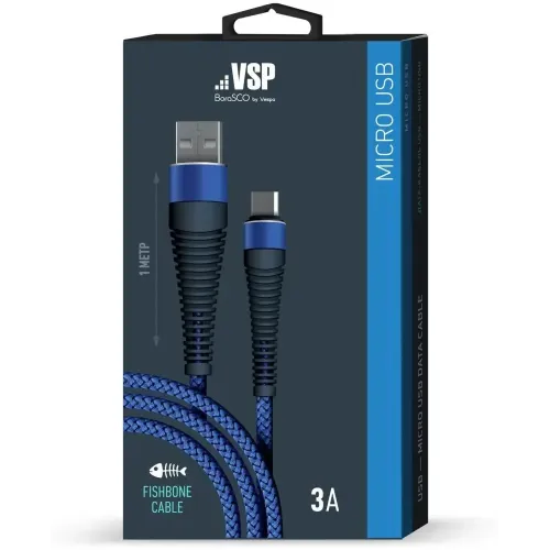 Кабель USB 2.0 A вилка - microUSB 1 м Borasco 3А Fishbone усиленный темно-синий