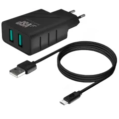 СЗУ Borasco 2.4A USBx2 + кабель microUSB черное