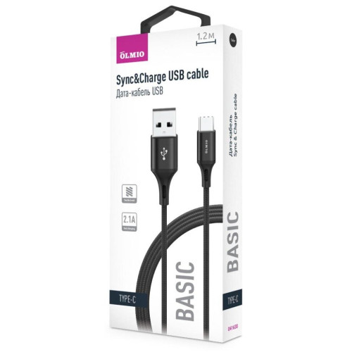 Кабель USB 2.0 A вилка - Type C 1.2 м Olmio 3А Basic текстильный черный