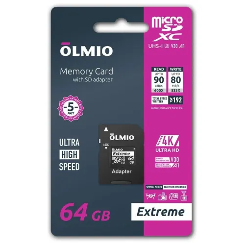 Карта micro-SD 64 GB Olmio Еxtreme UHS-I U3 V30 A1 + адаптер