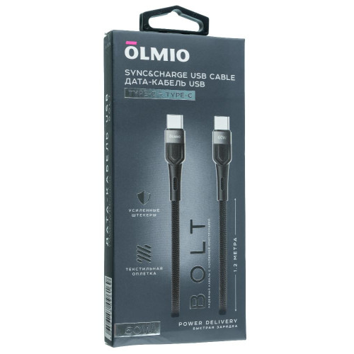 Кабель USB 3.0 Type C - Type C 1.2 м 3A Olmio 60W PD BOLT черный