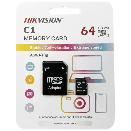 Карта micro-SD 64 GB Hikvision Class10 HS-TF-C1(STD)/64G/Adapter + adapter