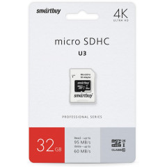 Карта micro-SD 32GB SMARTBUY (SB32GBSDCL10U3L-01)+адаптер