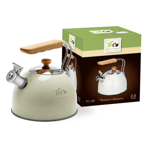 Чайник со свистком TECO TC-126, с дер. ручкой, бежевый, 2,5 л.