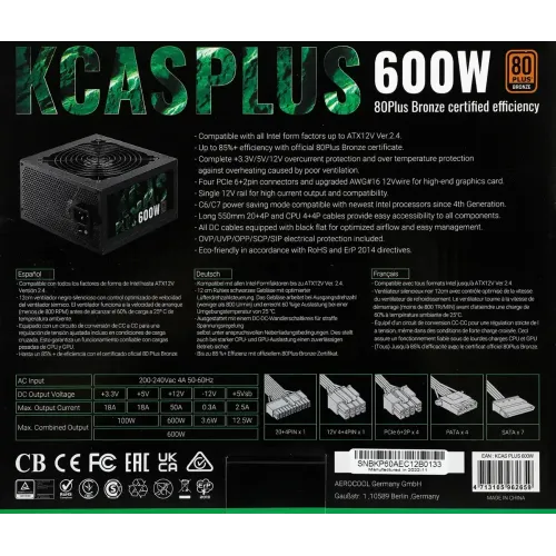 Блок питания Aerocool ATX 600W KCAS PLUS 600 80+ bronze (24+4+4pin) APFC 120mm fan 7xSATA RTL