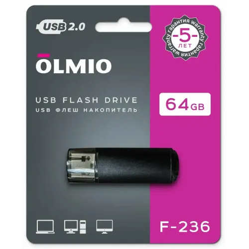 Карта USB2.0 64 GB OLMIO F-236 черный металлик