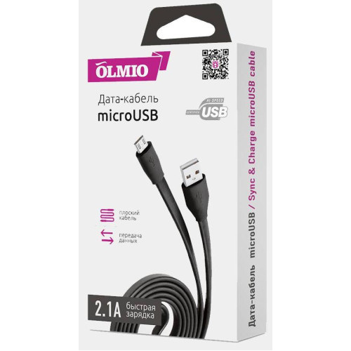 Кабель USB 2.0 A вилка - microUSB 1 м OLMIO 2.1A плоский черный