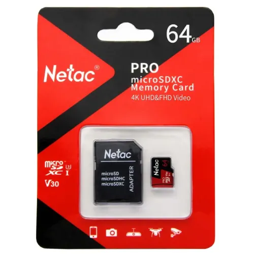 Карта micro-SD 64 GB Netac NT02P500PRO-064G-R P500 Extreme Pro + Class10 Pro+ adapter