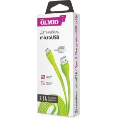 Кабель USB 2.0 A вилка - microUSB 1 м OLMIO 2.1A плоский зеленый