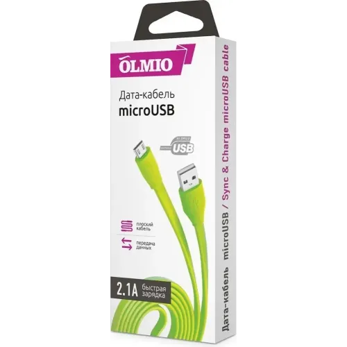 Кабель USB 2.0 A вилка - microUSB 1 м OLMIO 2.1A плоский зеленый