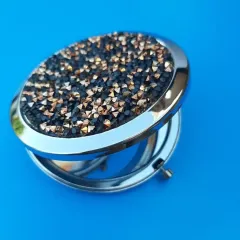 Зеркальце косметическое складное, Стразы , круглое., металл, серебро/черно-золотой