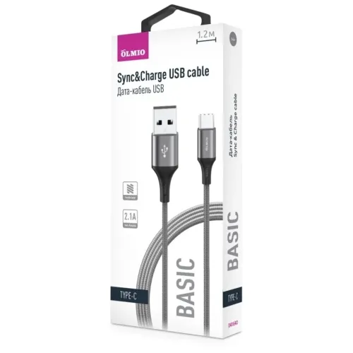 Кабель USB 2.0 A вилка - Type C 1.2 м Olmio 2.1А Basic текстильный серый